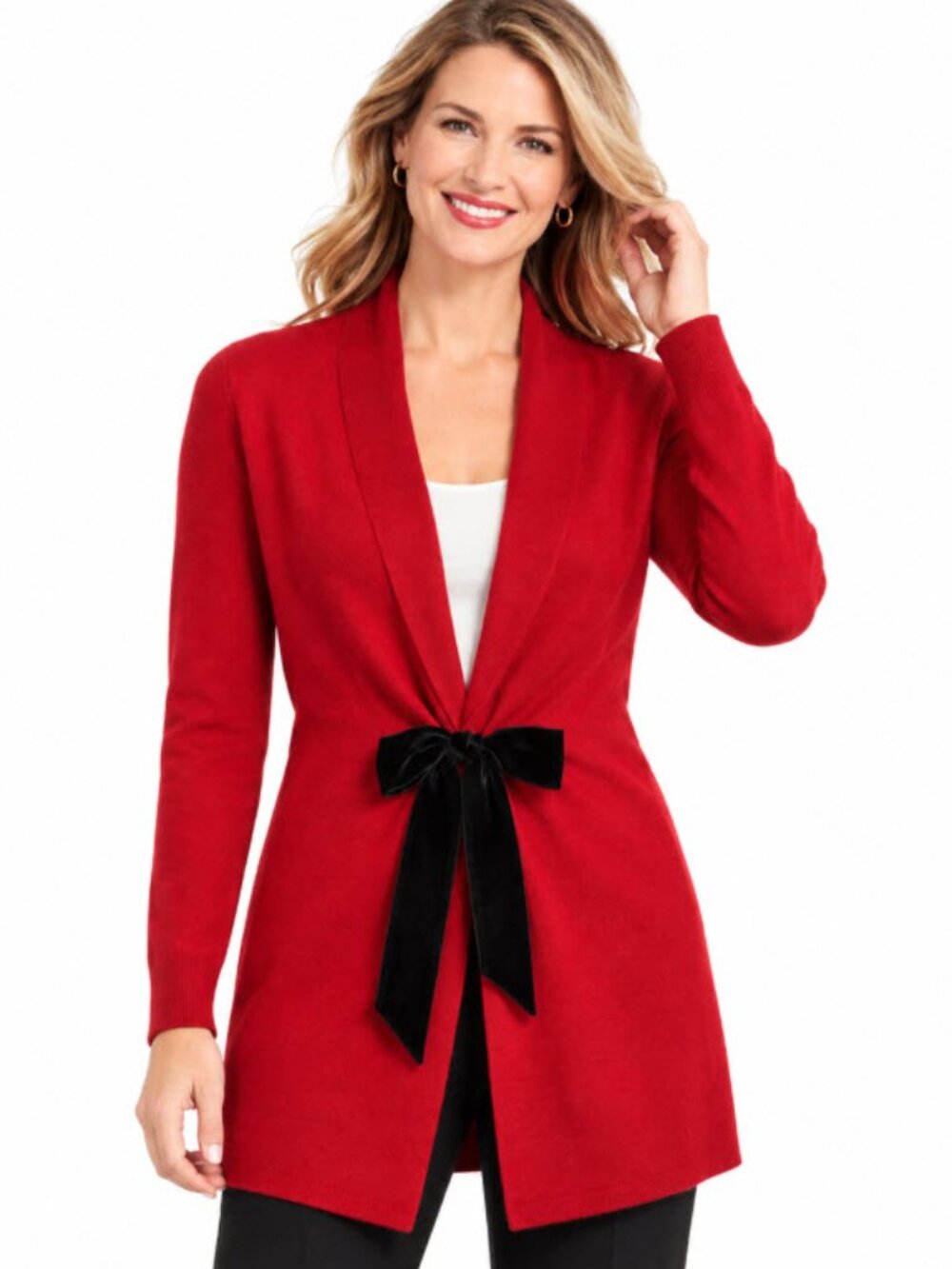 Talbots Red Merino Wool Open Cardigan Black Velvet Bow NWOT M Holiday Chic